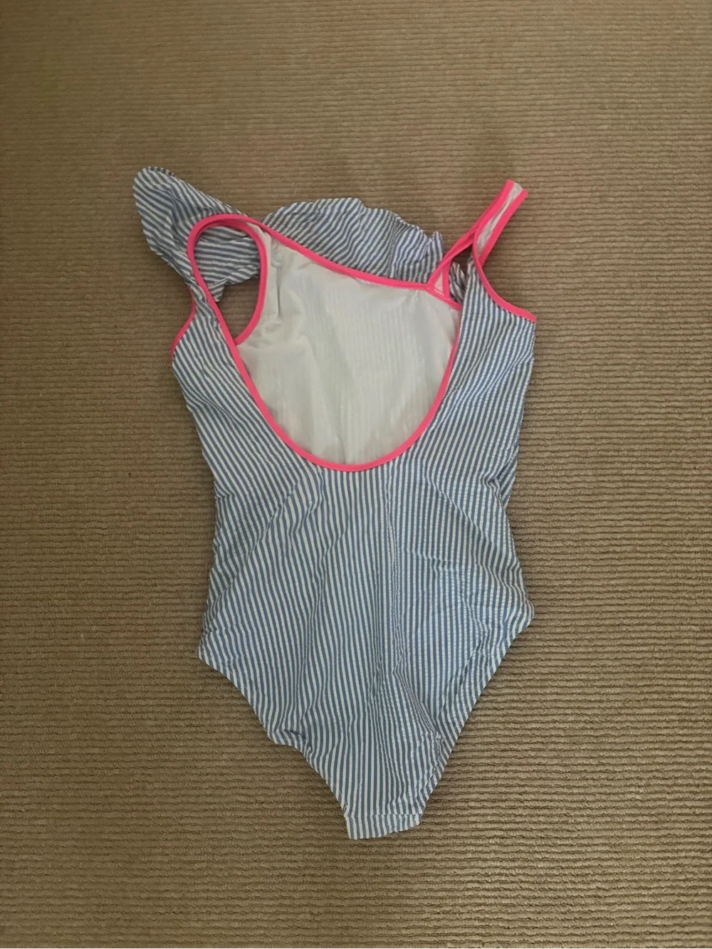 Crewcuts 16Striped One-Shoulder Ruffle Swimsuit with Hot Pink Trim